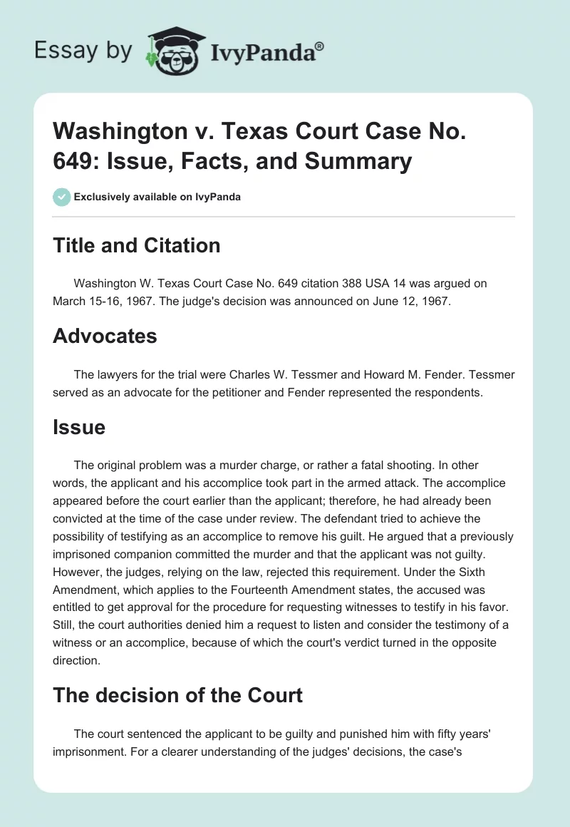 Washington vs. Texas Court Case No. 649: Issue, Facts, and Summary. Page 1