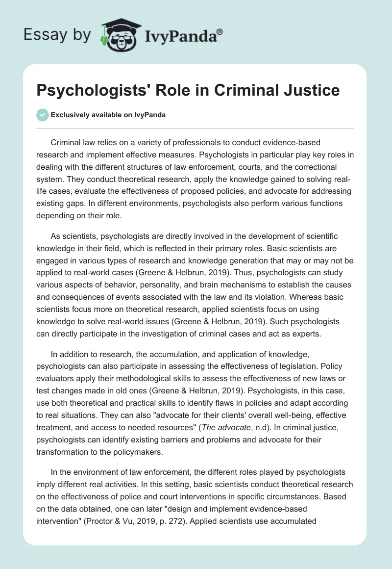 Psychologists' Role in Criminal Justice. Page 1
