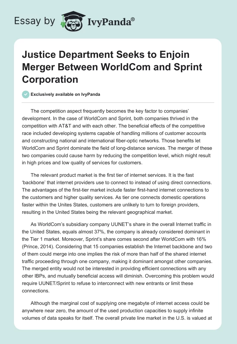 Justice Department Seeks to Enjoin Merger Between WorldCom and Sprint Corporation. Page 1