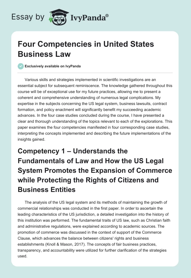 Four Competencies in United States Business Law. Page 1