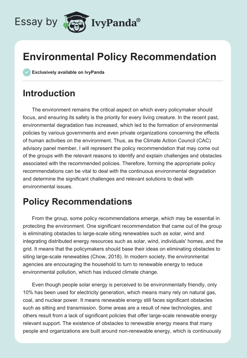 Environmental Policy Recommendation. Page 1