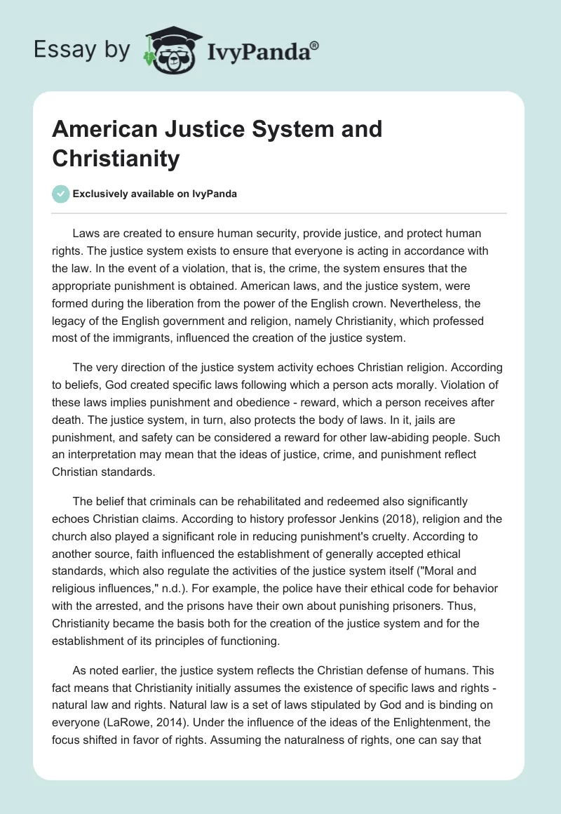 American Justice System and Christianity. Page 1
