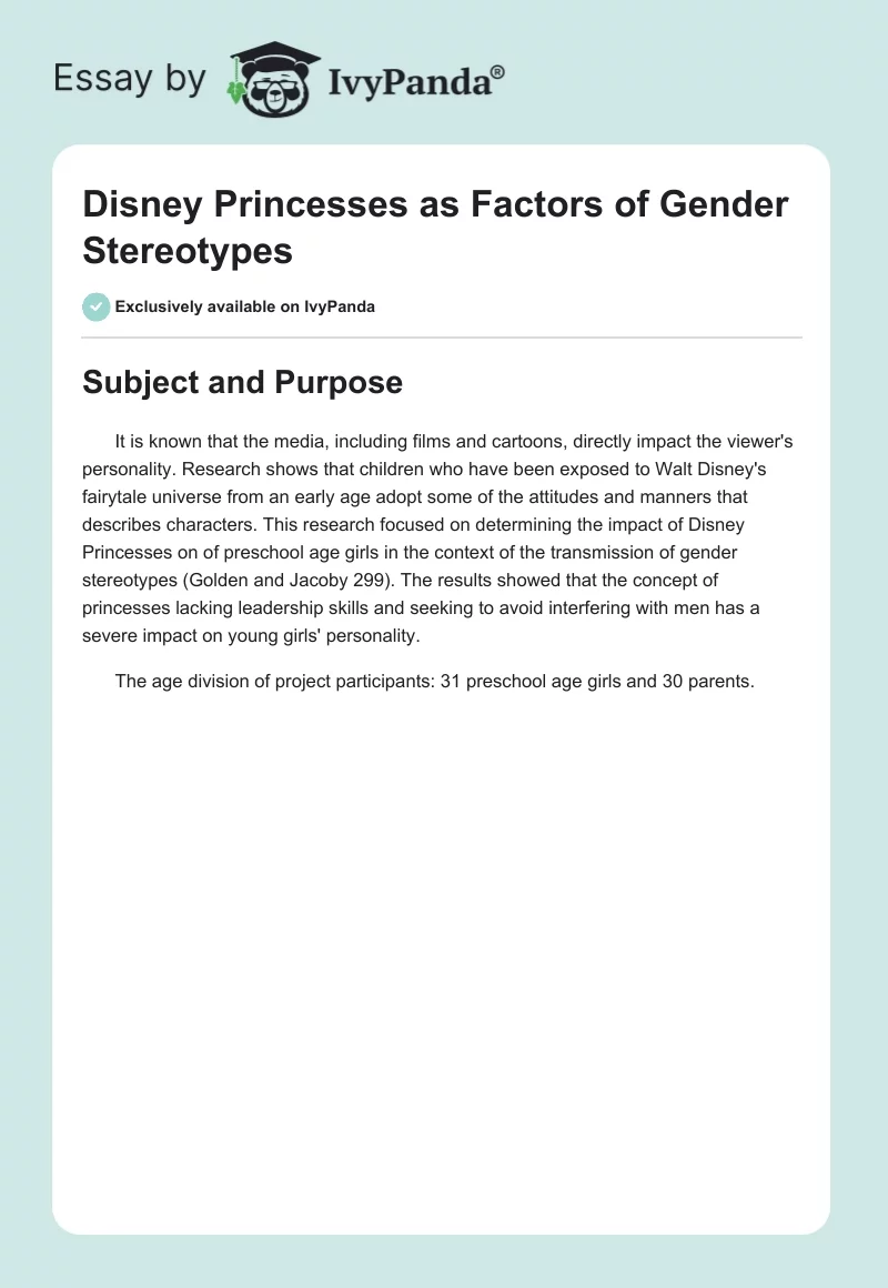 This Disney Princesses As Factors Of Gender Stereotypes 597 Words Movie Review Example