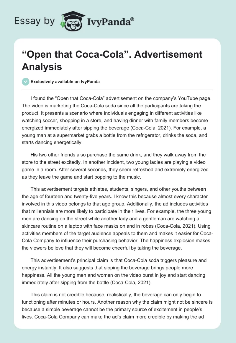 “Open that Coca-Cola”. Advertisement Analysis. Page 1