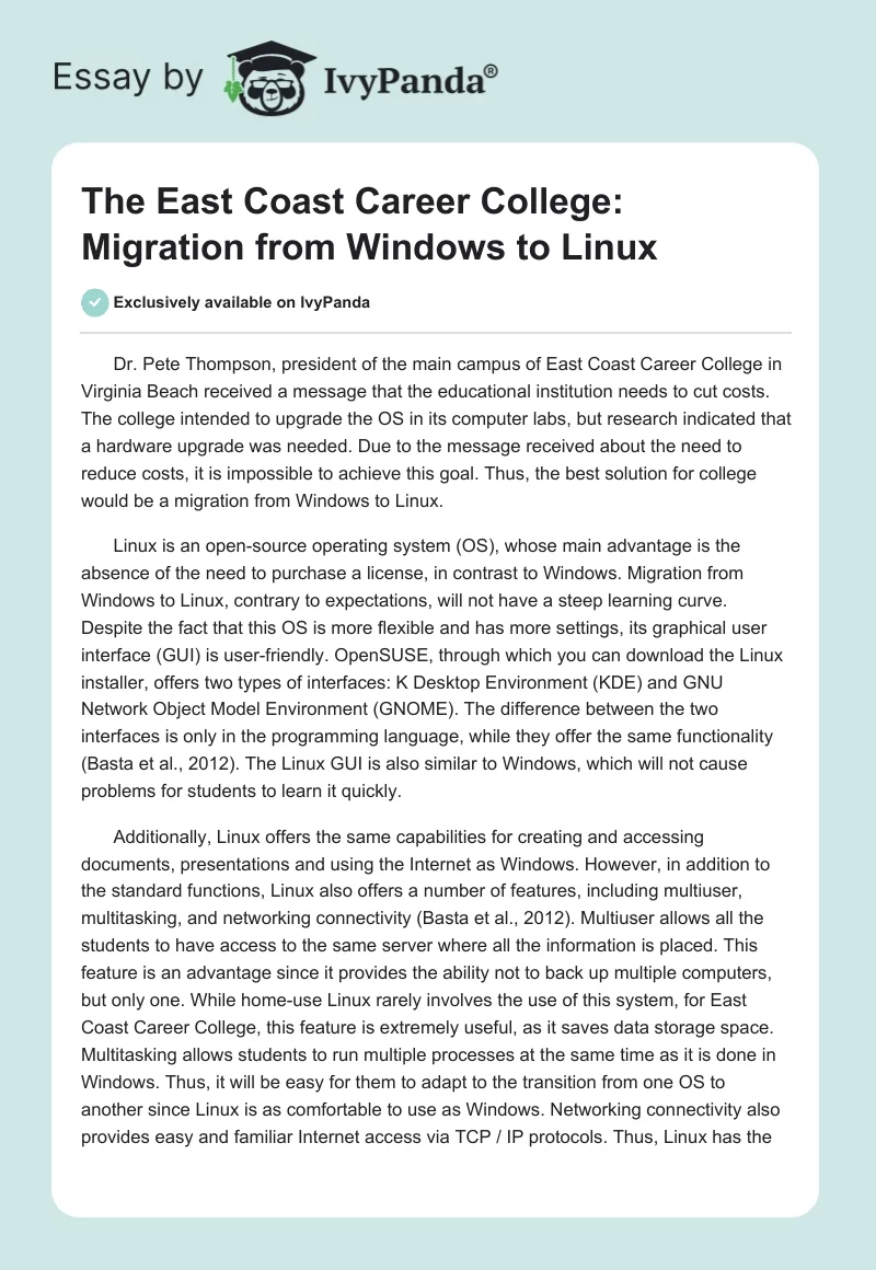 The East Coast Career College: Migration from Windows to Linux. Page 1
