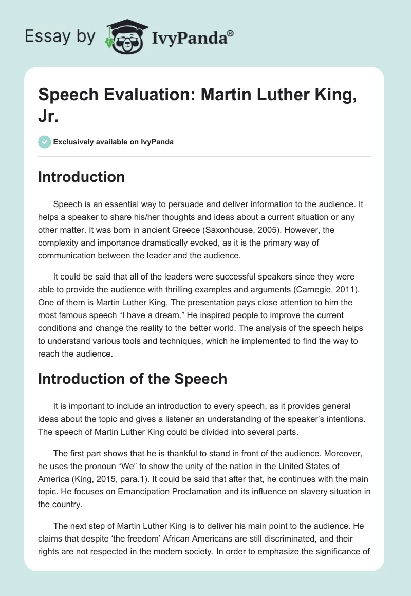 Speech Evaluation: Martin Luther King, Jr.. Page 1
