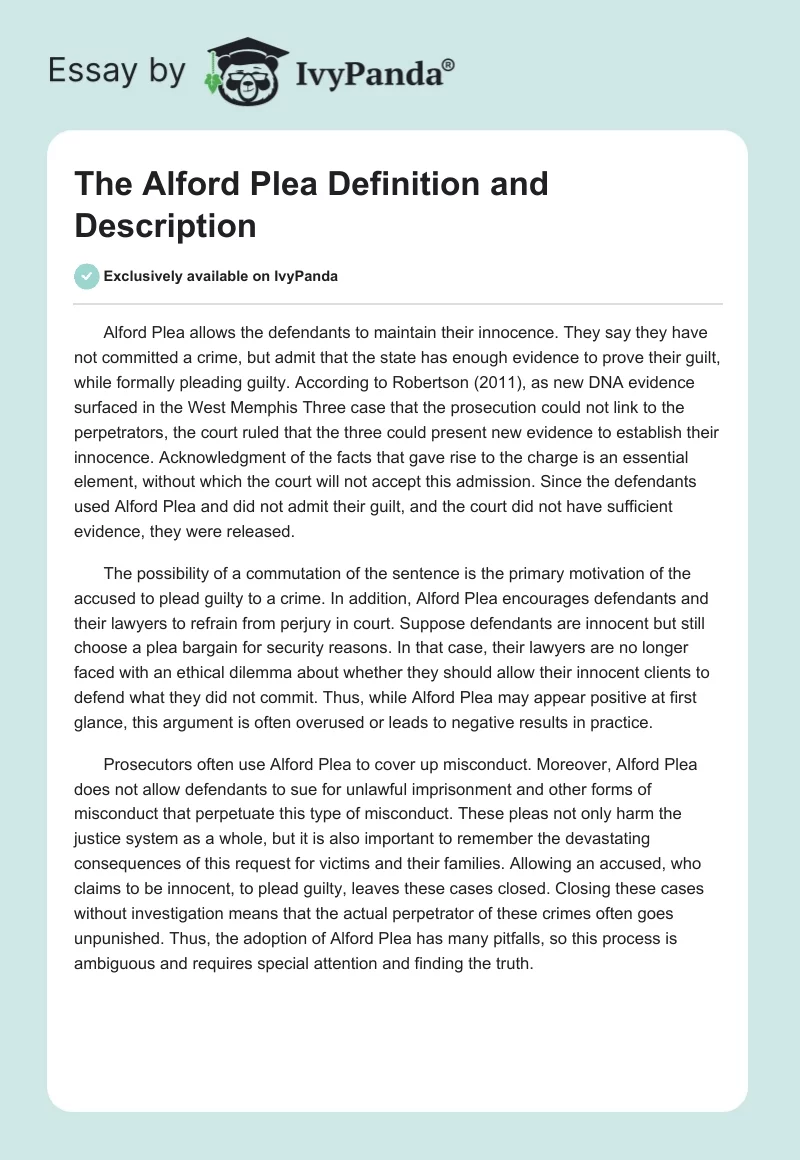 The Alford Plea Definition and Description. Page 1