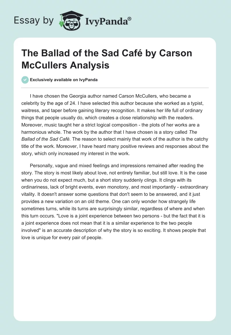 "The Ballad of the Sad Café" by Carson McCullers Analysis. Page 1