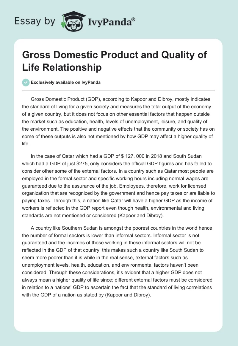 Gross Domestic Product and Quality of Life Relationship. Page 1