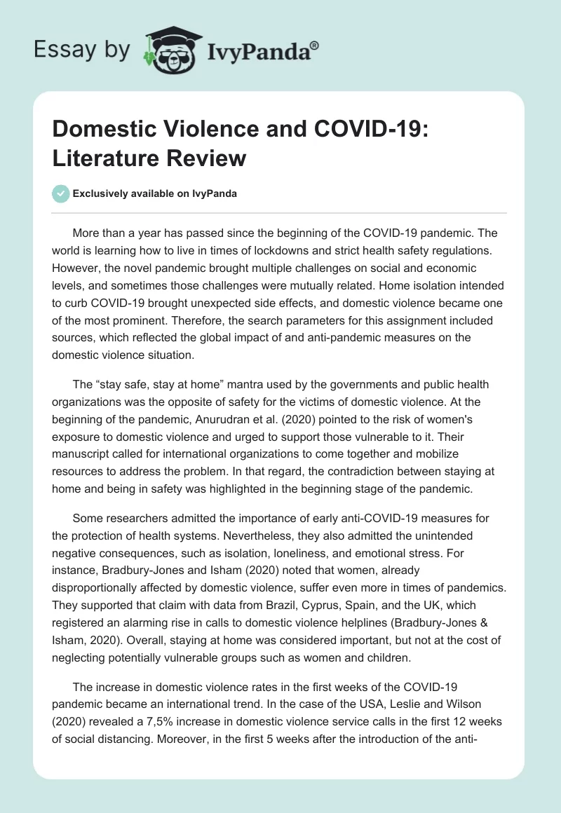 Domestic Violence and COVID-19: Literature Review. Page 1
