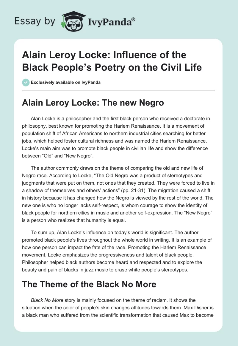 Alain Leroy Locke: Influence of the Black People’s Poetry on the Civil Life. Page 1