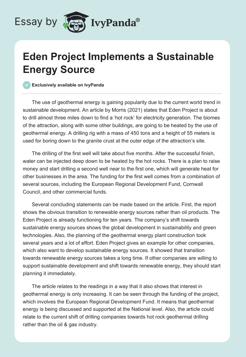 Eden Project Implements a Sustainable Energy Source. Page 1