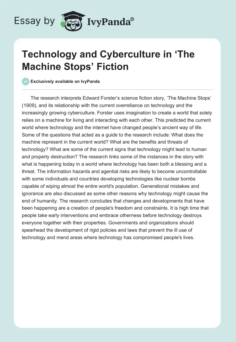 Technology and Cyberculture in ‘The Machine Stops’ Fiction. Page 1