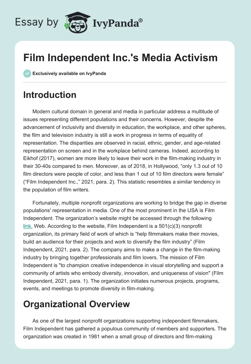 Film Independent Inc.'s Media Activism. Page 1