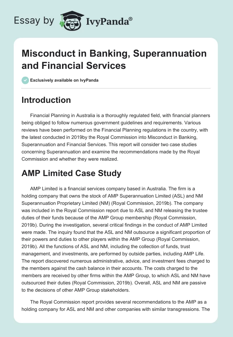 Misconduct in Banking, Superannuation and Financial Services. Page 1