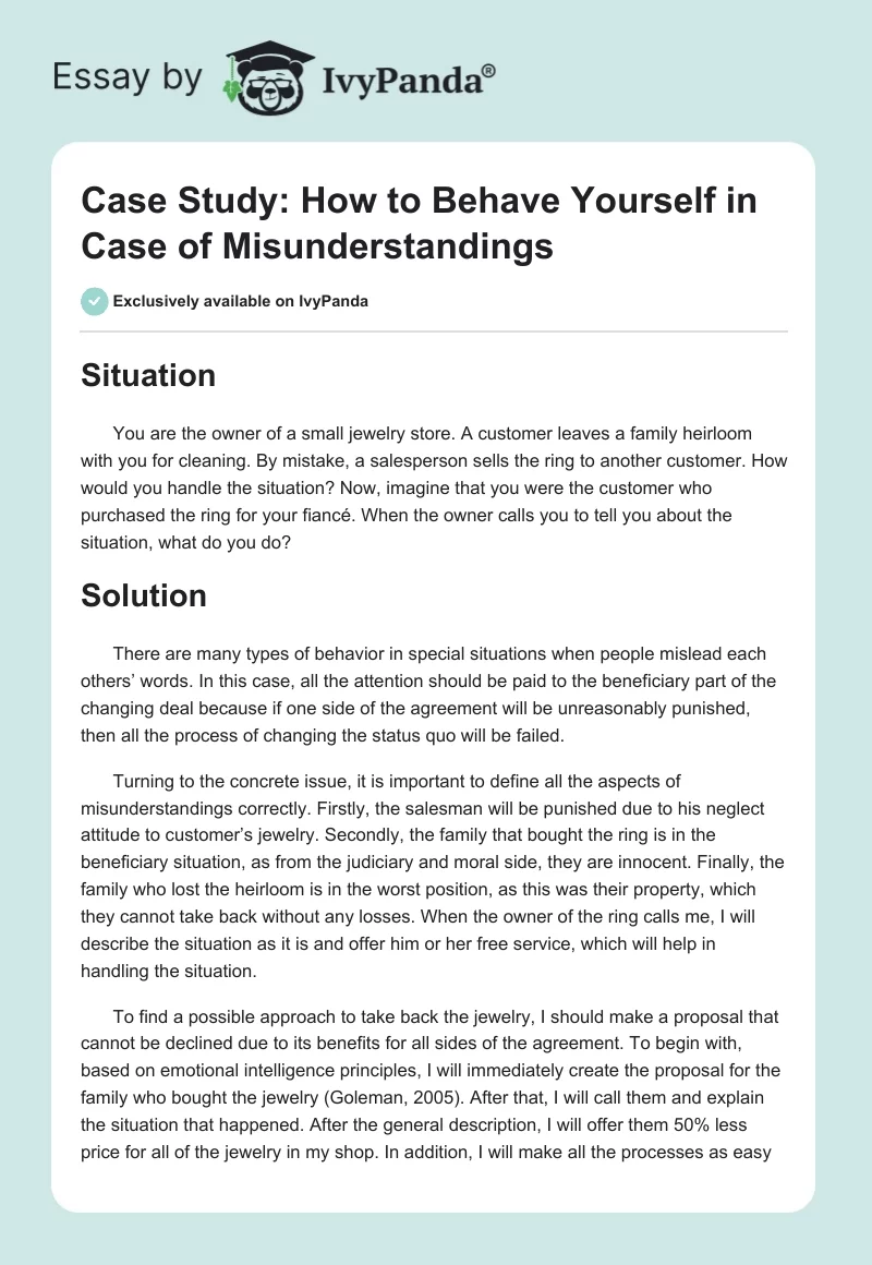 Case Study: How to Behave Yourself in Case of Misunderstandings. Page 1