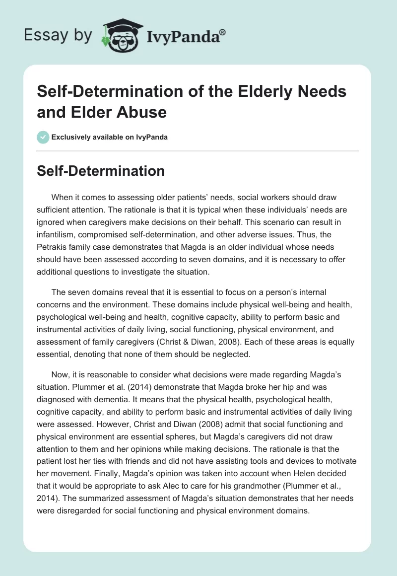 Self-Determination of the Elderly Needs and Elder Abuse. Page 1