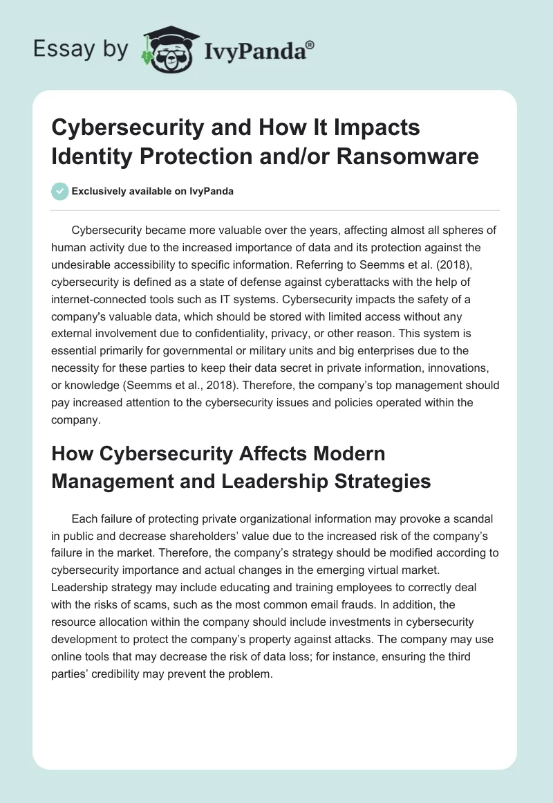 Cybersecurity and How It Impacts Identity Protection and/or Ransomware. Page 1