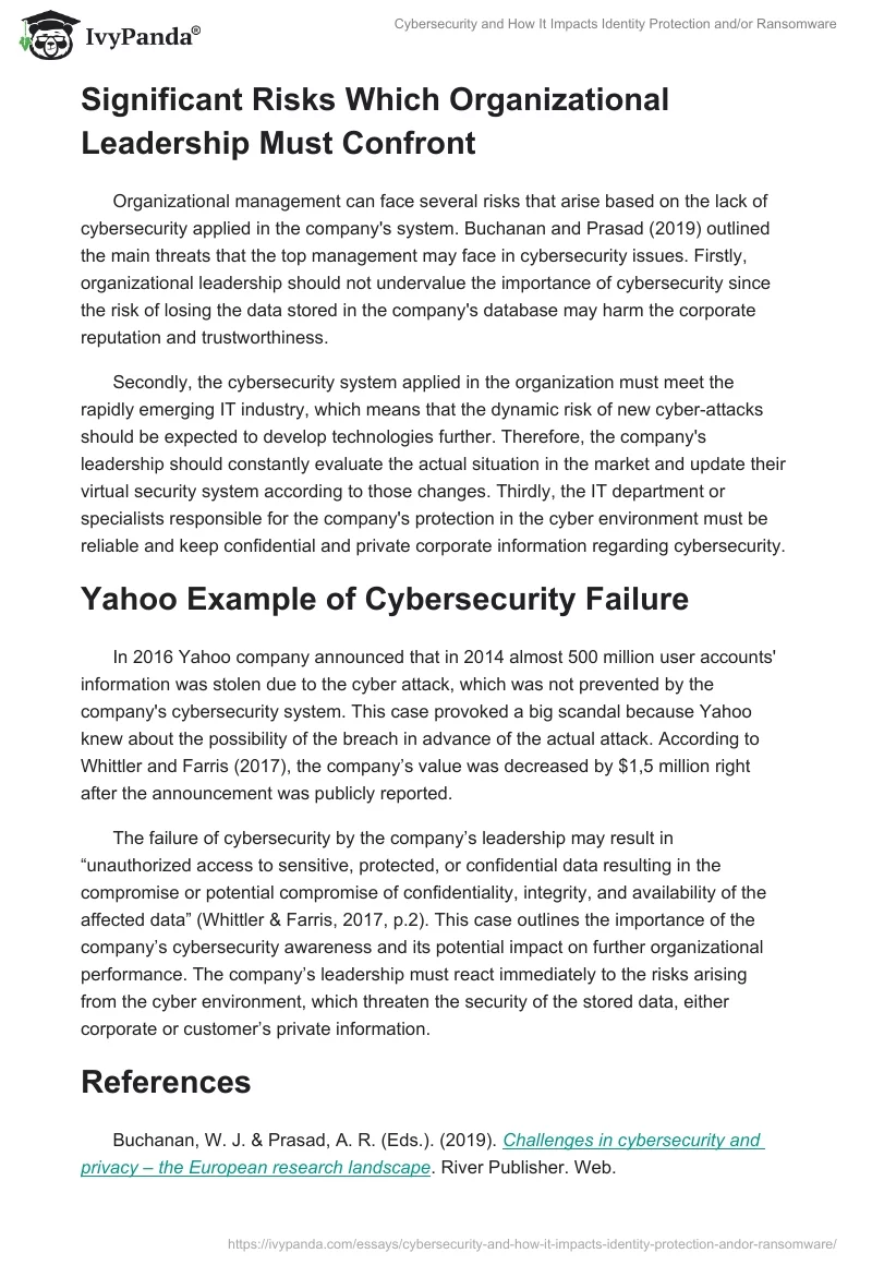 Cybersecurity and How It Impacts Identity Protection and/or Ransomware. Page 2