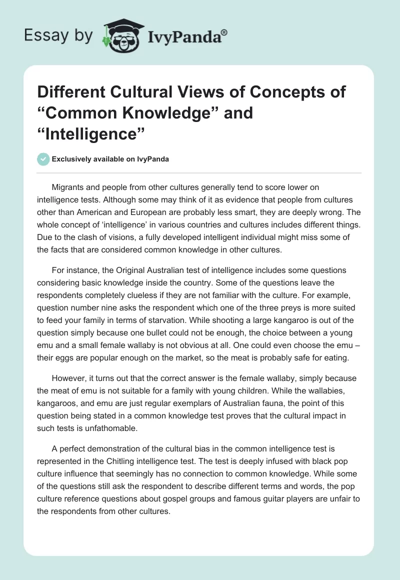 Different Cultural Views of Concepts of “Common Knowledge” and “Intelligence”. Page 1