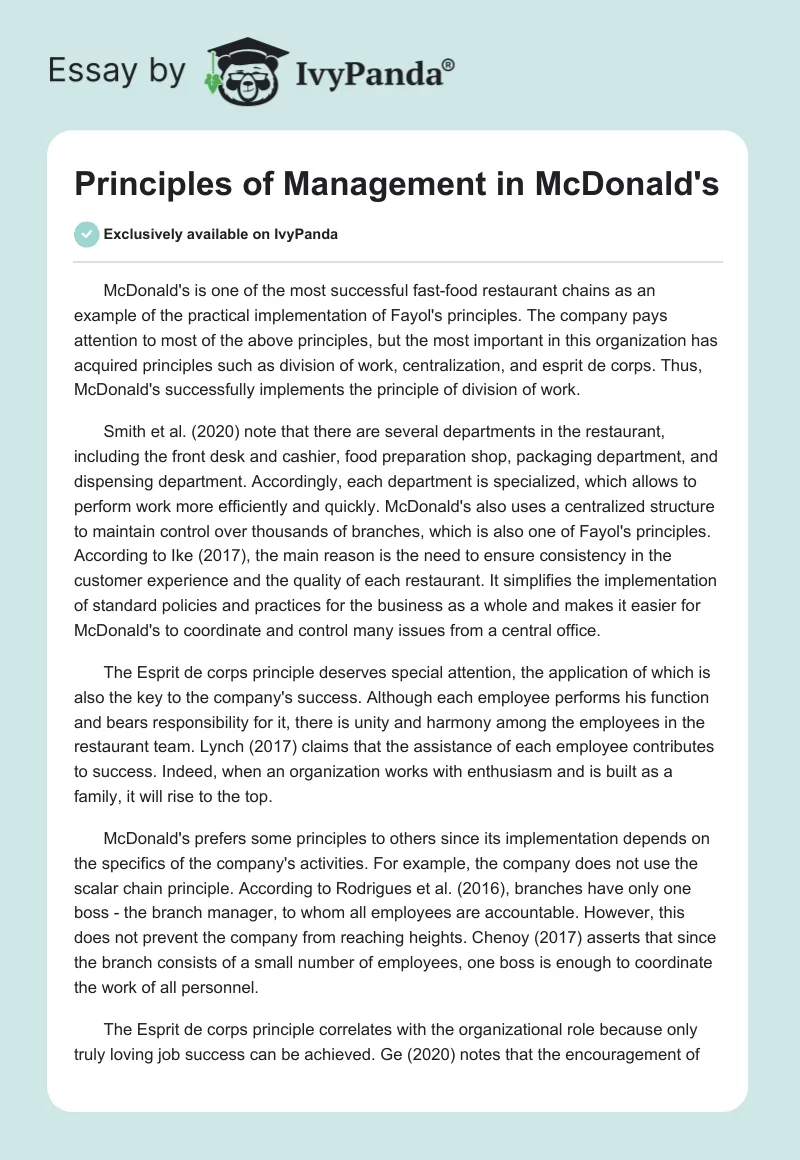 Principles of Management in McDonald's. Page 1