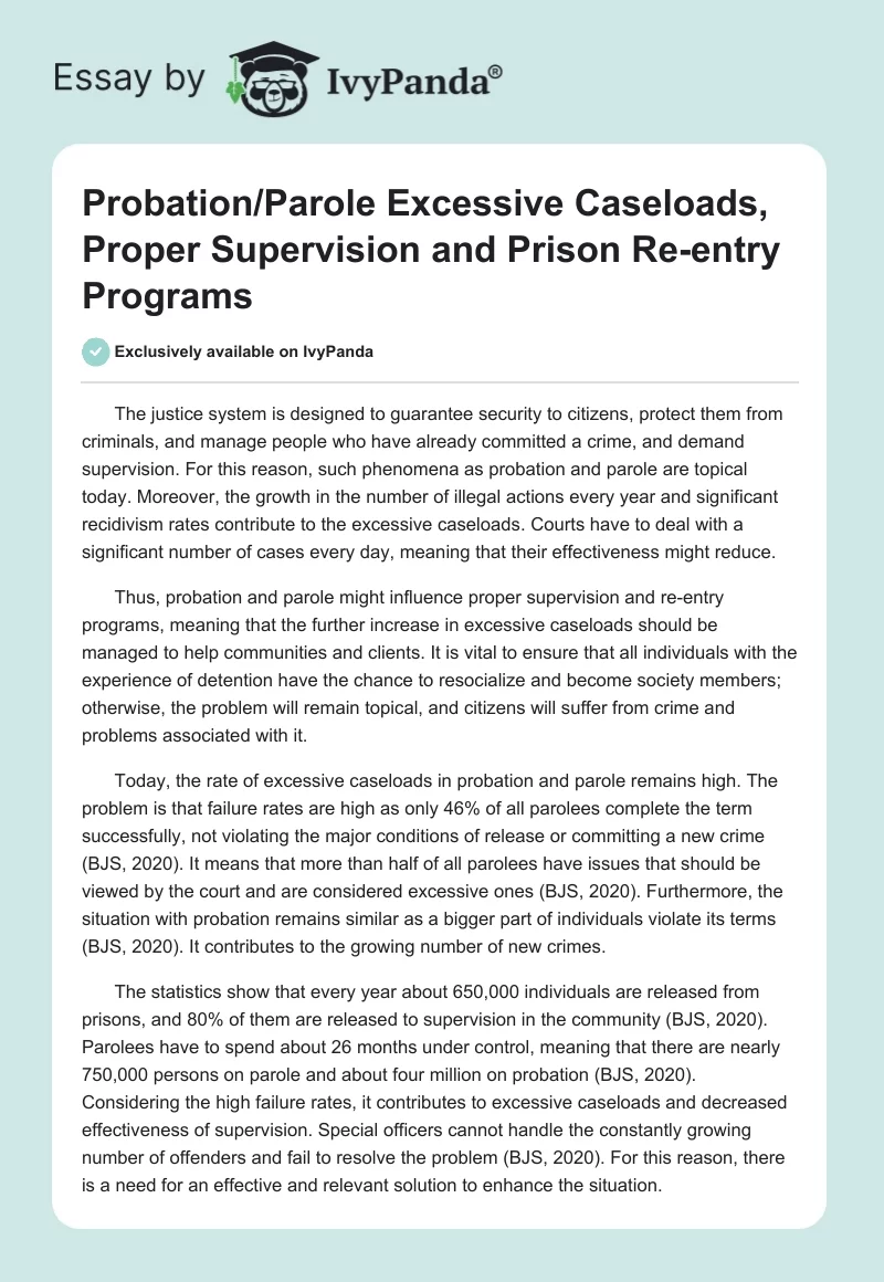 Probation/Parole Excessive Caseloads, Proper Supervision and Prison Re-Entry Programs. Page 1