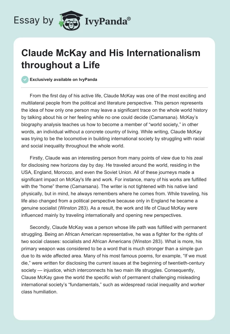Claude McKay and His Internationalism throughout a Life. Page 1