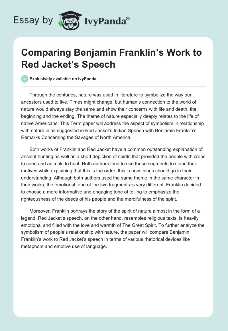 Comparing Benjamin Franklin’s Work to Red Jacket’s Speech. Page 1