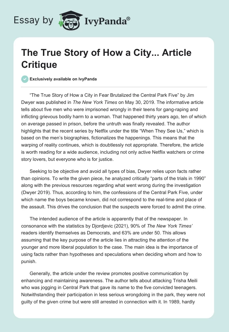 "The True Story of How a City..." Article Critique. Page 1