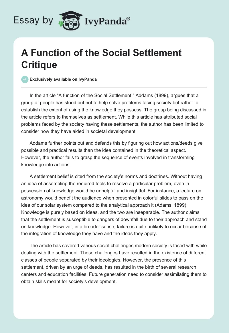 A Function of the Social Settlement Critique. Page 1