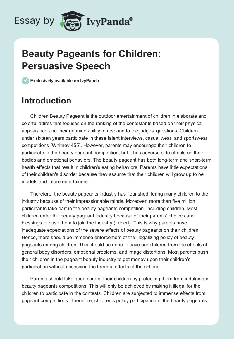 Beauty Pageants for Children: Persuasive Speech. Page 1