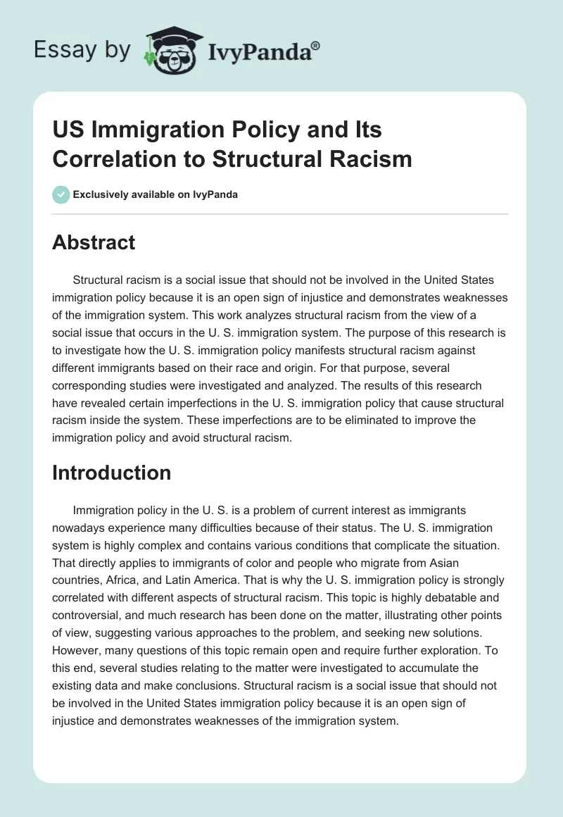 US Immigration Policy and Its Correlation to Structural Racism. Page 1