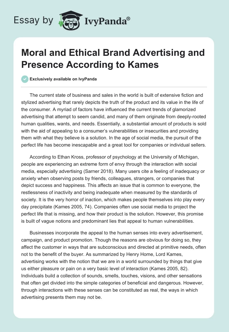 Moral and Ethical Brand Advertising and Presence According to Kames. Page 1