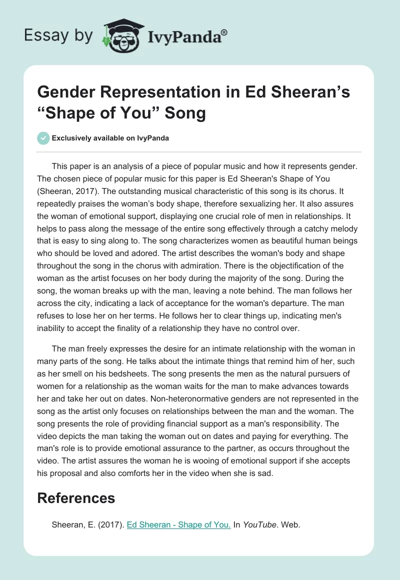 Gender Representation in Ed Sheeran’s “Shape of You” Song. Page 1