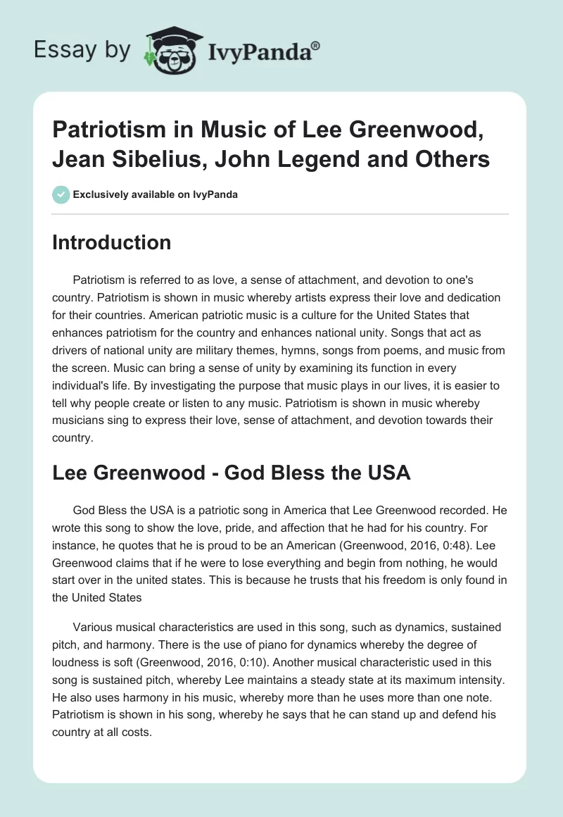 Patriotism in Music of Lee Greenwood, Jean Sibelius, John Legend and Others. Page 1