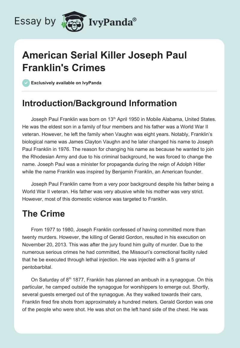 American Serial Killer Joseph Paul Franklin's Crimes. Page 1