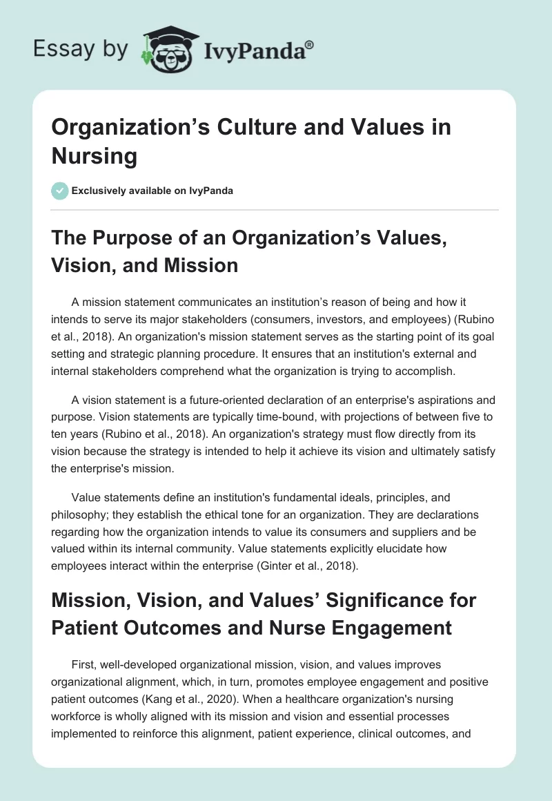 Organization’s Culture and Values in Nursing. Page 1