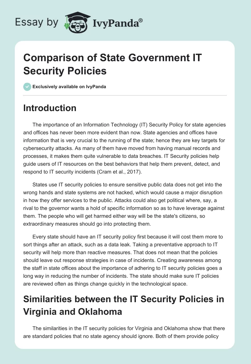 Comparison of State Government IT Security Policies. Page 1