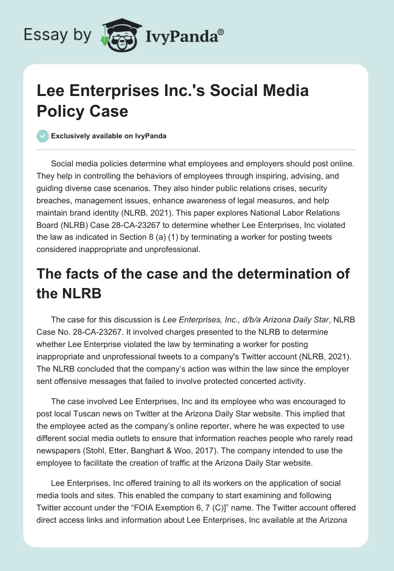 Lee Enterprises Inc.'s Social Media Policy Case. Page 1