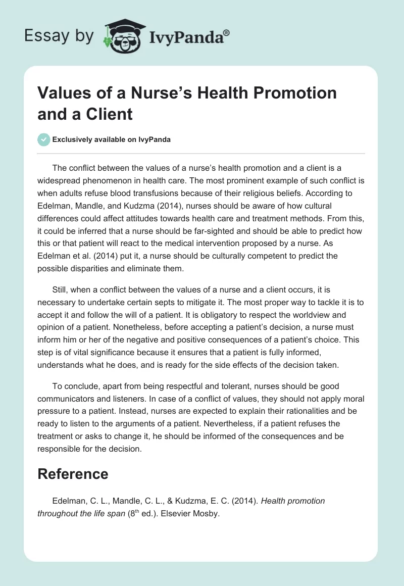 Values of a Nurse’s Health Promotion and a Client. Page 1