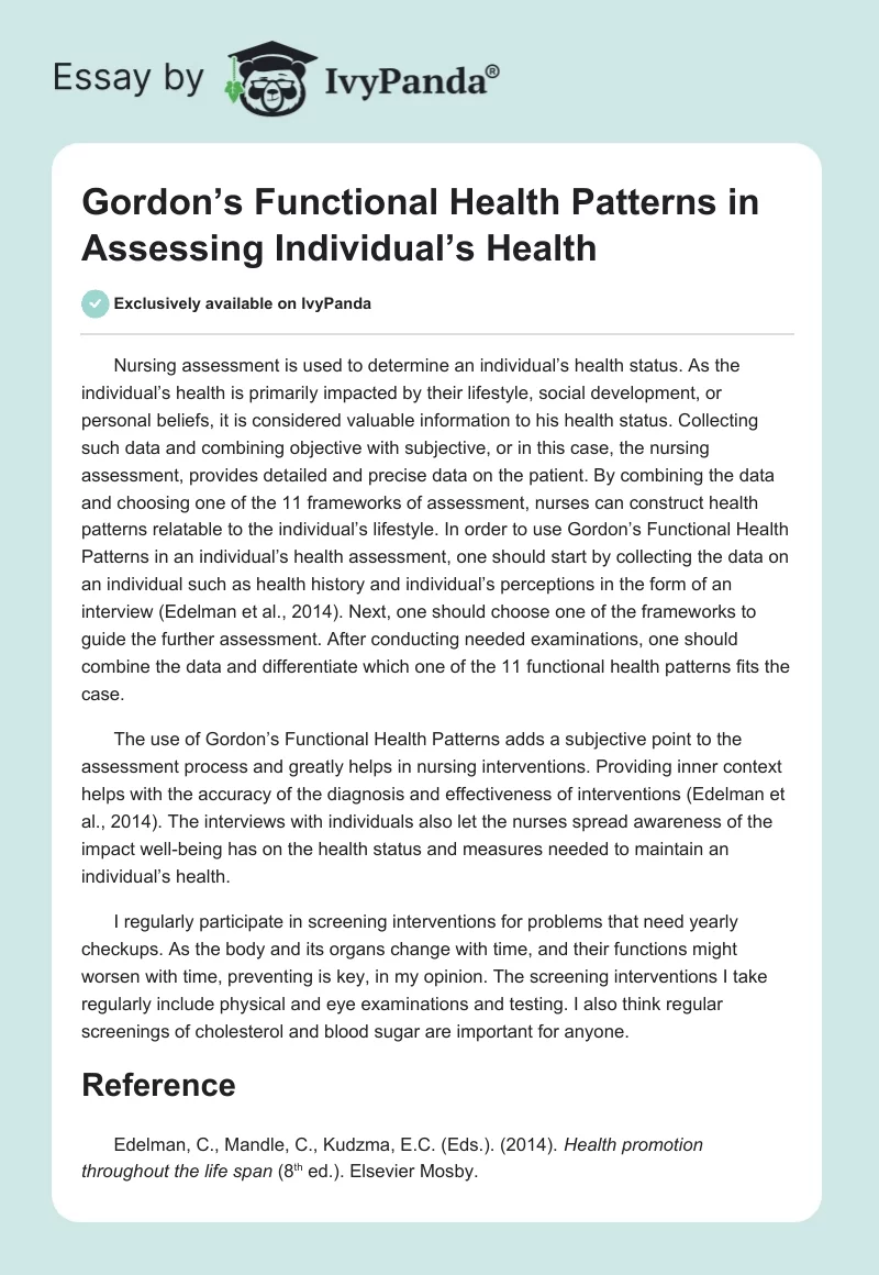 Gordon’s Functional Health Patterns in Assessing Individual’s Health. Page 1
