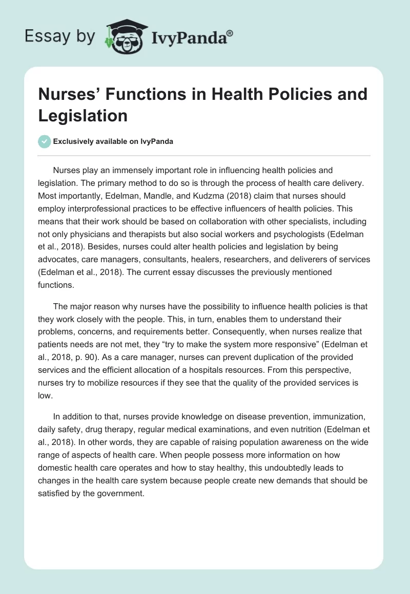 Nurses’ Functions in Health Policies and Legislation. Page 1