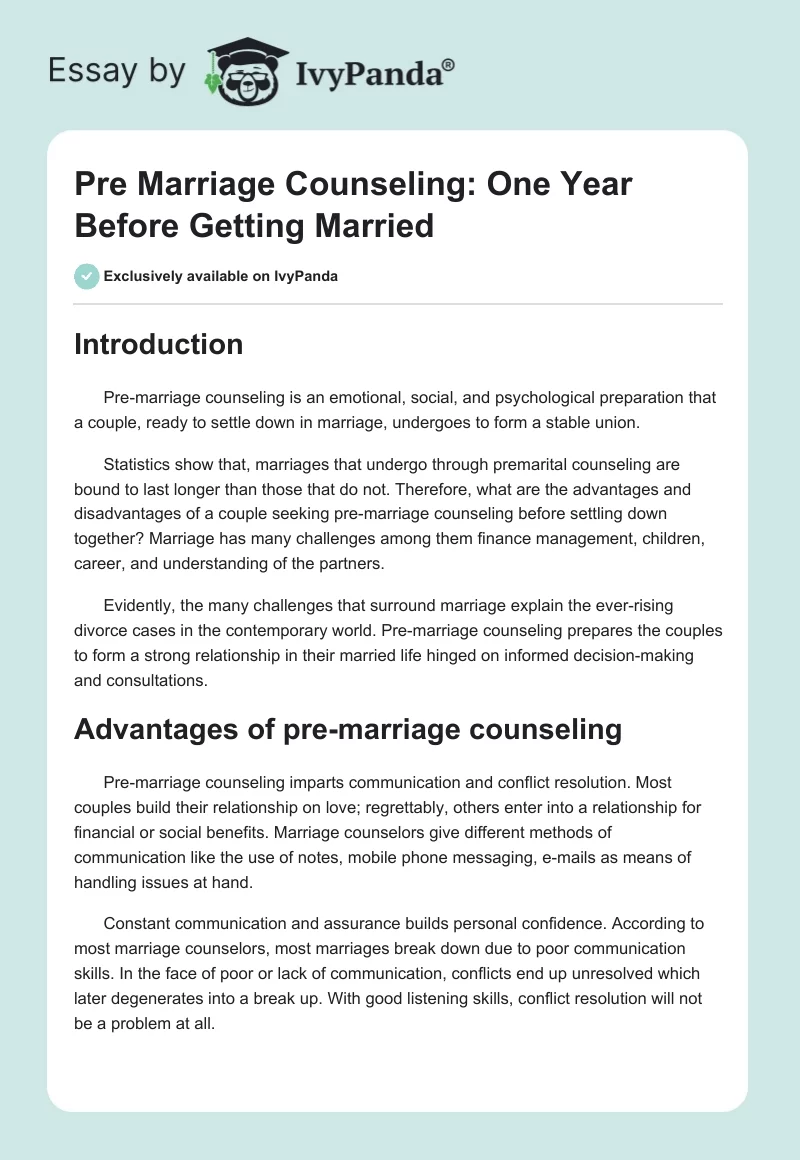 Pre Marriage Counseling: One Year Before Getting Married. Page 1