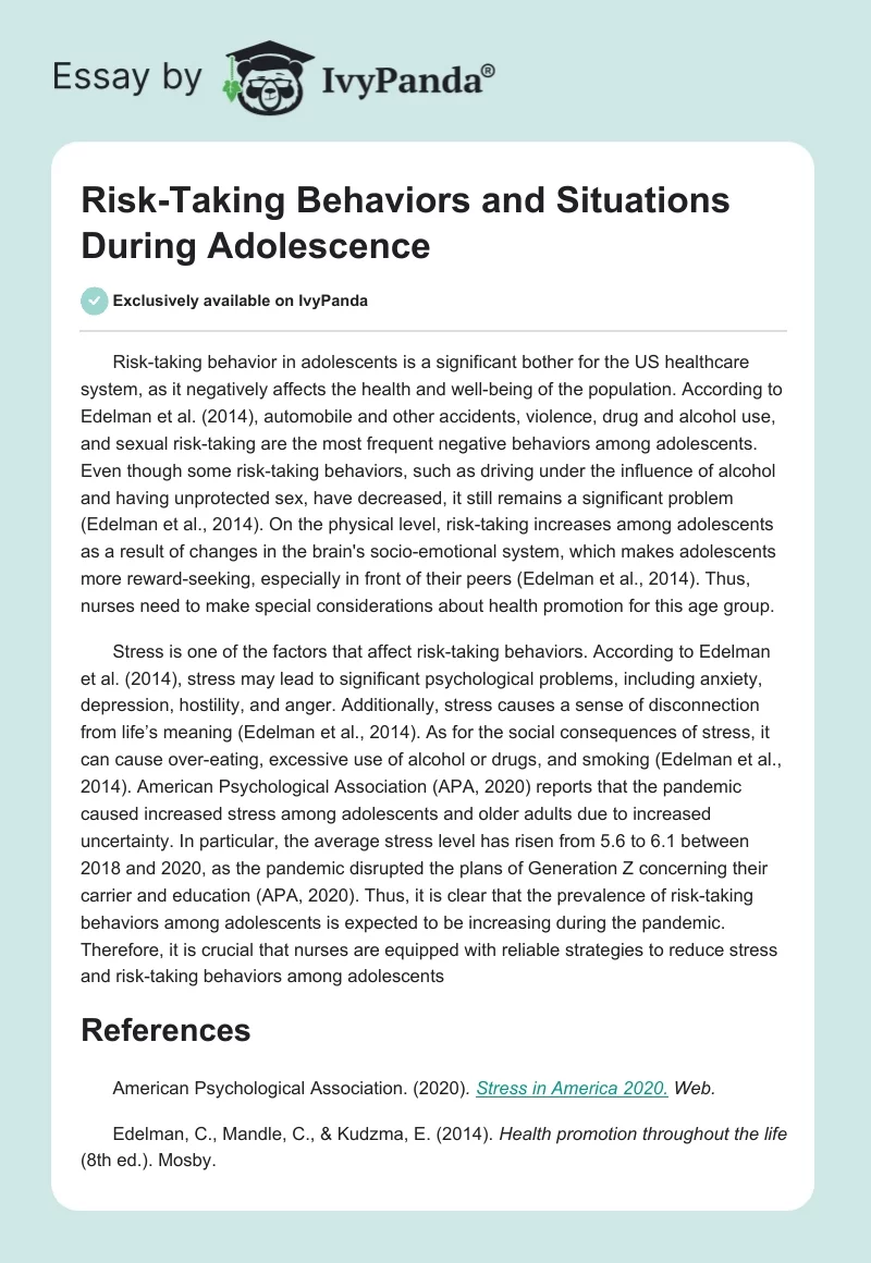 Risk-Taking Behaviors and Situations During Adolescence. Page 1