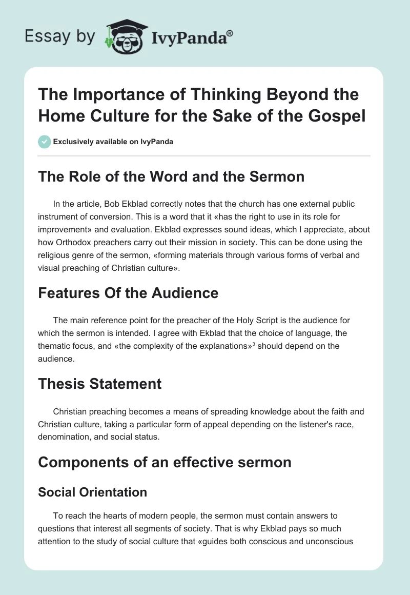 The Importance of Thinking Beyond the Home Culture for the Sake of the Gospel. Page 1
