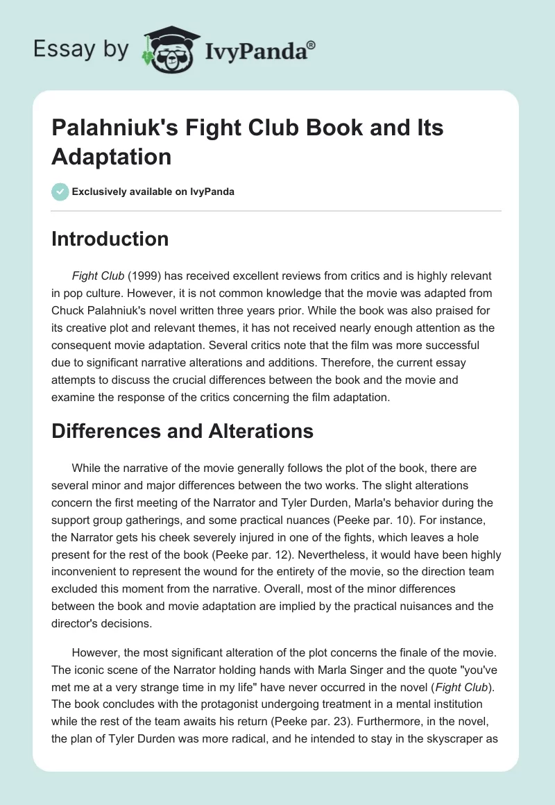 Palahniuk's Fight Club Book and Its Adaptation. Page 1