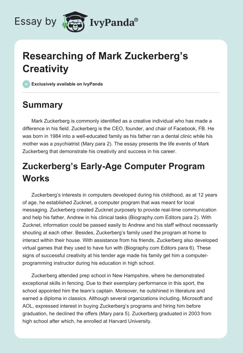 Researching of Mark Zuckerberg’s Creativity. Page 1