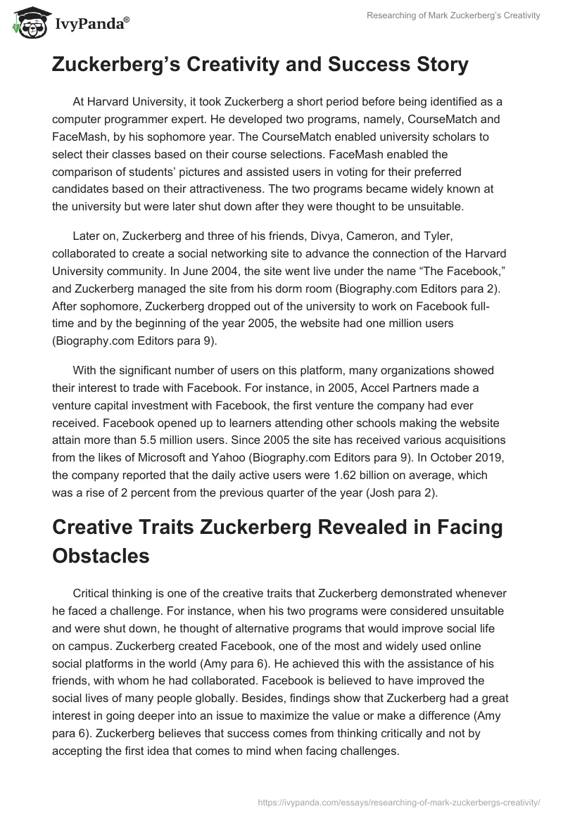 Researching of Mark Zuckerberg’s Creativity. Page 2