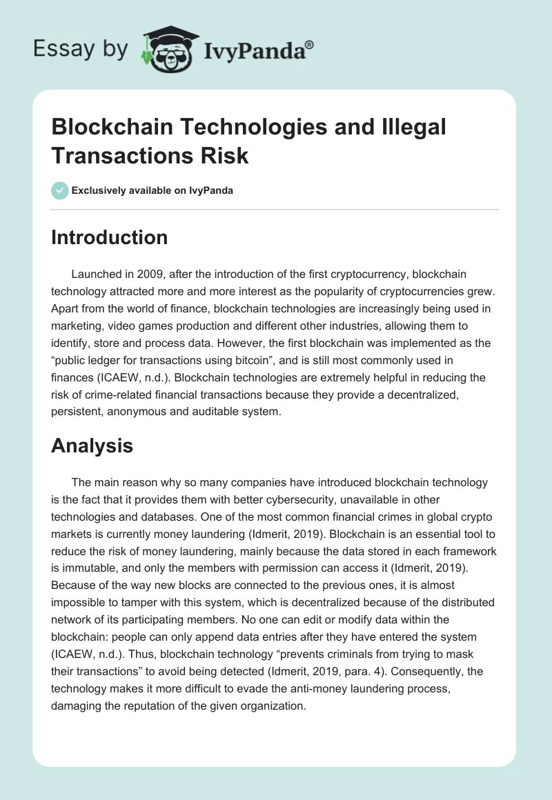 Blockchain Technologies and Illegal Transactions Risk. Page 1