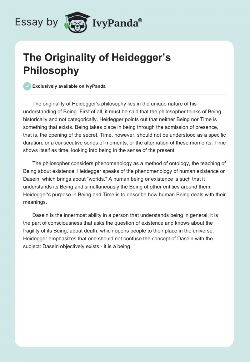 The Originality of Heidegger’s Philosophy. Page 1